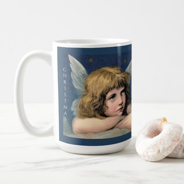 Mug Vintage Noël Ange Enfant Blanc Ailes Indigo (Avec donut)