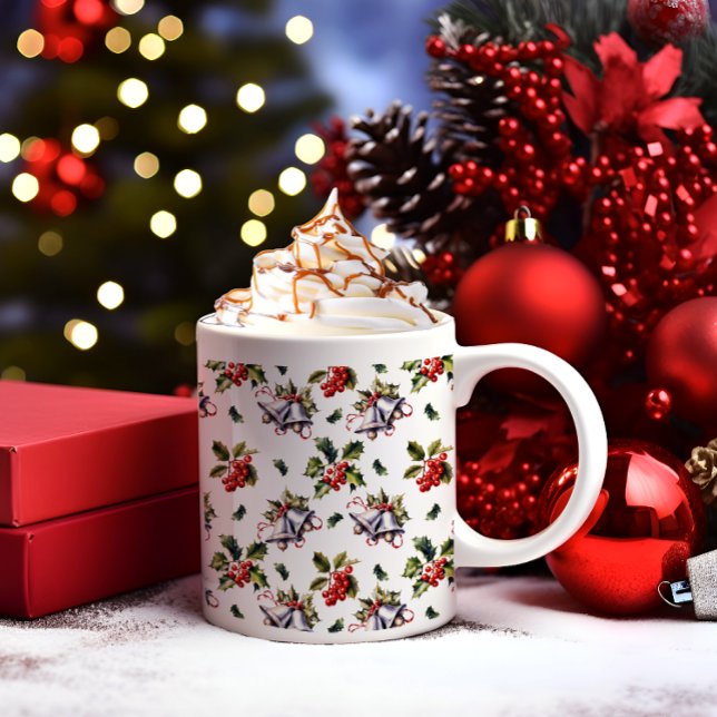 Mug Vintage Noël Vacances Cloches d'argent et Holly (Vintage Christmas Holiday Silver Bells, Holly and Berries Pattern Coffee Mug)