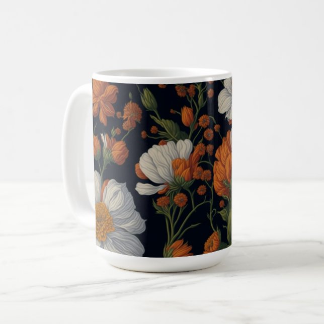 Mug Vintage Orange blanc élégant fleurs rétro (Devant gauche)