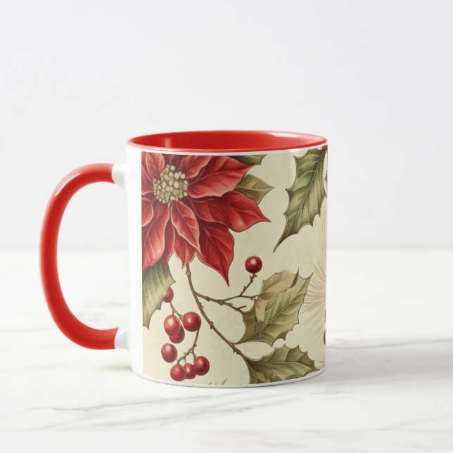 Mug Vintage Poinsettia et Berries Noël Motif (Gauche)