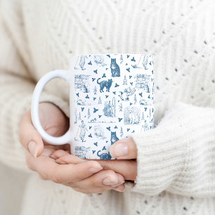 Mug Vintage Retro Toile Motif Chat Catnip Blanc Bleu