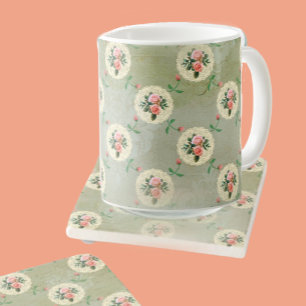 Mug Vintage Rose Doiliers Faded Smoky Green Damask