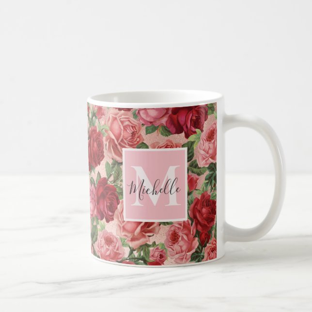 Mug Vintage rose rouge Roses Floral Monogrammé (Droite)