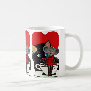 Mug Vintage Saint Valentin, Chat Mouse Tea Cup Coeur