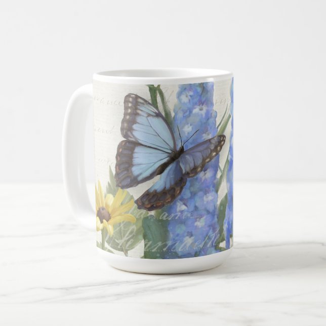 Mug Vintage Script Sunflower Bleu Floral Papillon (Devant gauche)
