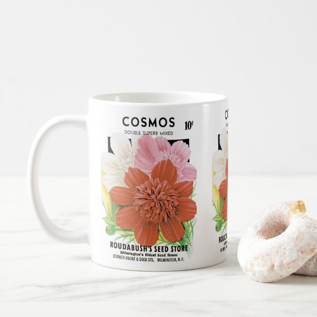 Mug Vintage Seed Packet Art, Cosmos Garden Flowers (Avec donut)
