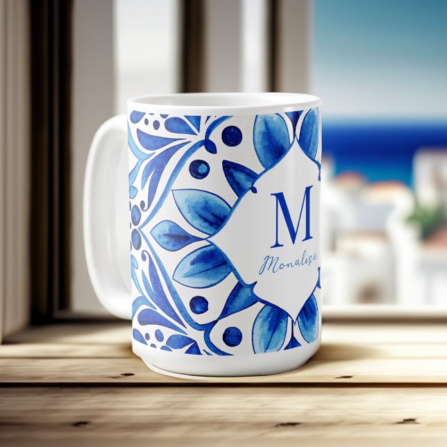 Mug Vintage Talavera Azulejo tuiles bleues monogrammed (Vintage Talavera Azulejo blue tiles monogrammed Coffee Mug personalized Bridesmaids Gifts)