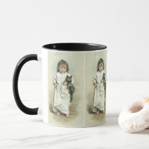 Mug Vintage Victorian Girl in a Nightgown with Her Cat