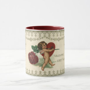 Mug Vintage Victorian Valentine Cherub, Rose et coeur