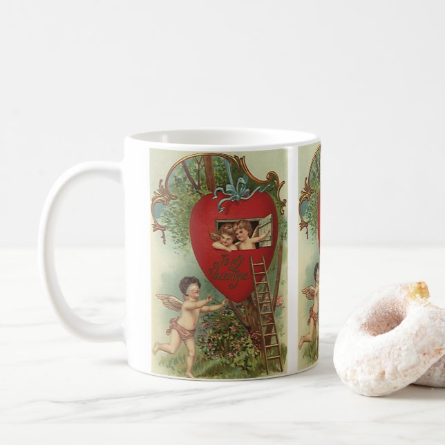 Mug Vintage victorien Saint-Valentin Chérubins cabane  (Avec donut)
