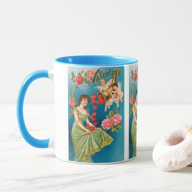 Mug Vintage Victorien Valentine's Day Angels & Hearts (Avec donut)