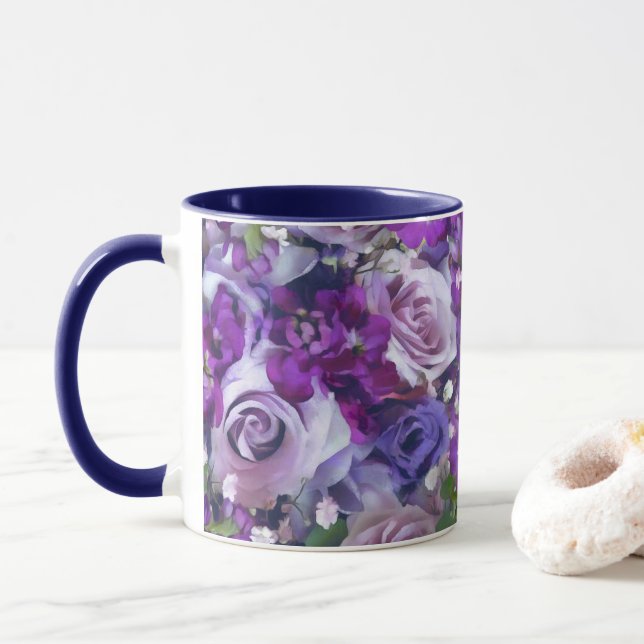 Mug Violet Lilac Rose Fleurs Motif de jardin (Avec donut)