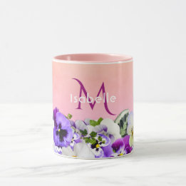 Mug Violet pansière fleurs sur pêche avec nom monogram