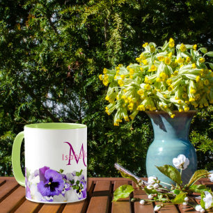 Mug Violet pansies fleurs blanc nom monogramme