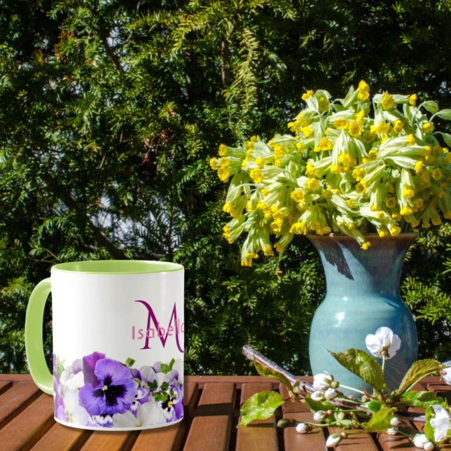 Mug Violet pansies fleurs blanc nom monogramme (Créateur téléchargé)