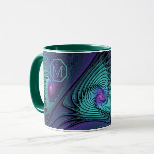 Mug Violet Turquoise moderne abstrait Fractal Monogram (Devant gauche)