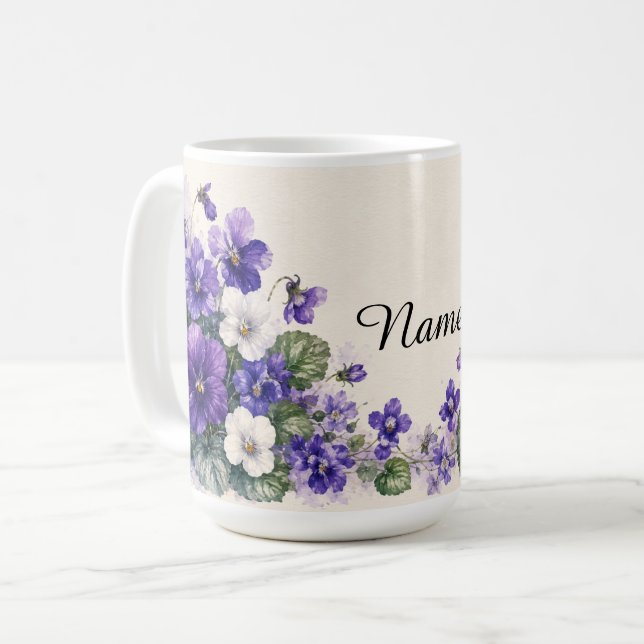 Mug Violettes personnalisées, fleur de naissance de fé (Devant gauche)