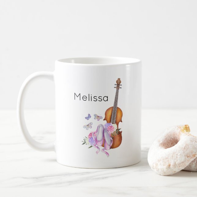 Mug Violon, Chaussures de Ballet, Fleurs et Papillons (Avec donut)