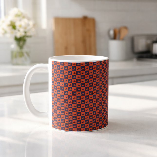 Mug Virginia Pattern Checkerboard Orange Blue (A mug with an orange and blue pattern featuring the US state of Virginia.)