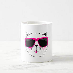 Mug Visage de chat cool avec lunettes de soleil roses 