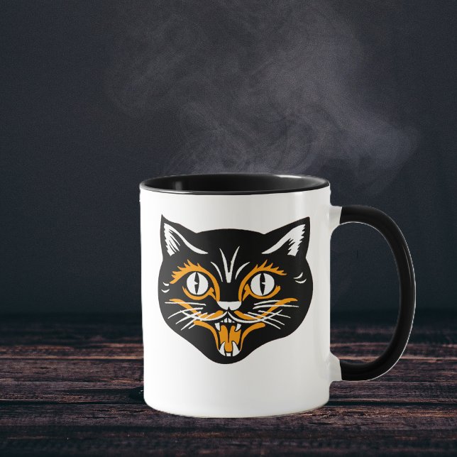 Mug Visage de chat vintage Halloween (smiliing vintage halloween black cat face with orange accents on white and black coffee or tea mug.)