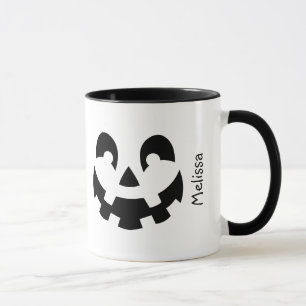 Mug Visage de citrouille noir et blanc avec nom Hallow