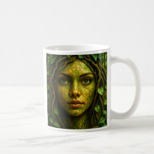 Mug Visage de femme végétale verte éclatant.