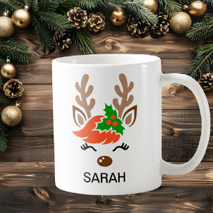 Mug Visage de Renne de Noël Classique Nom Personnalisé