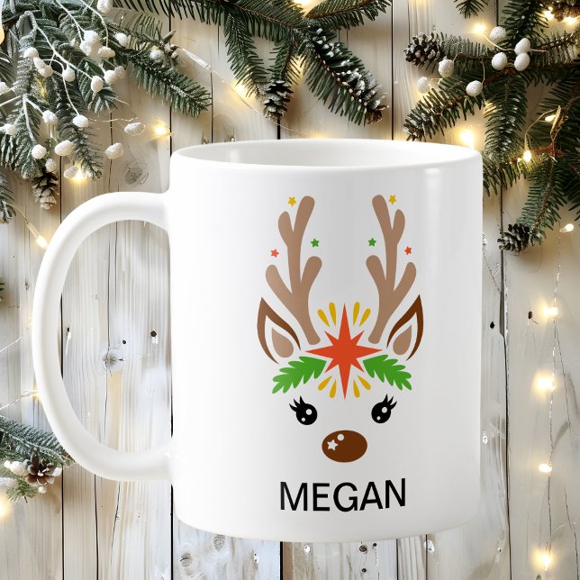 Mug Visage de Renne Nom Personnalisé Fêtes (Reindeer Face Custom Name Holiday Coffee Mug
)
