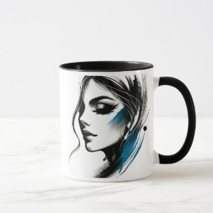 Mug Visage d'une femme en noir et bleu.