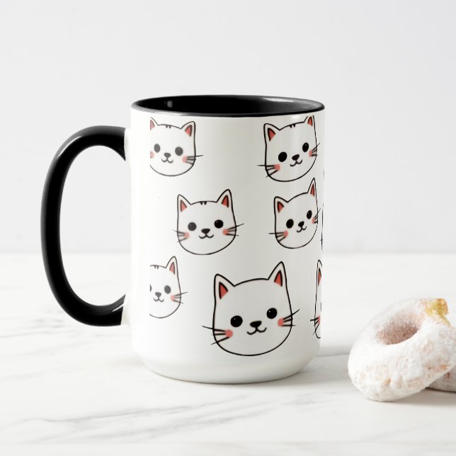 Mug Visages de Chat Kawaii – Motif de Dessin Animé Min (Avec donut)