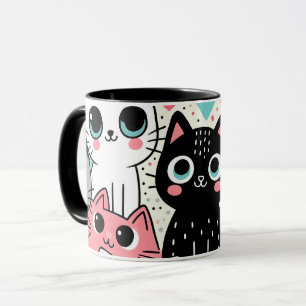 Mug Visages de chat mignons Kawaii et cœurs fantaisist