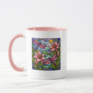 Mug Vitraux Fleurs de Lys et Libellules Rose