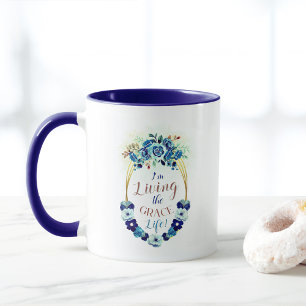Mug Vivre la vie grâce Élégante Citation Florale Bleue