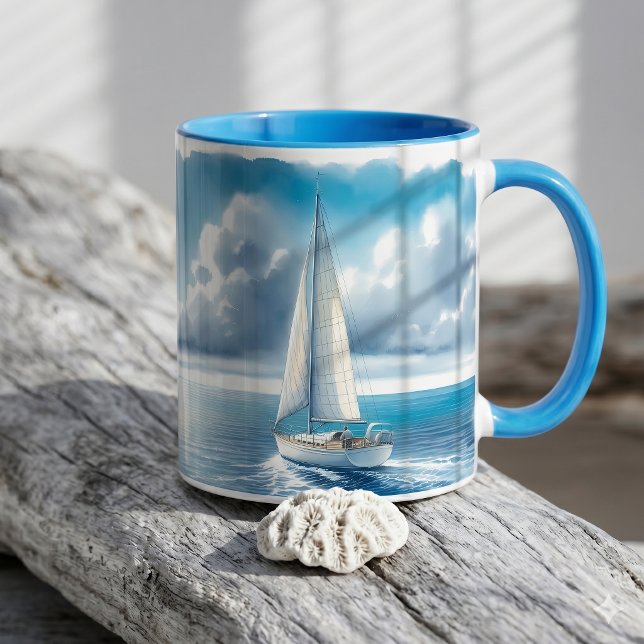 Mug Voilier Solitaire Blue Horizon (Blue Horizon Solitary Sailboat Mug B)