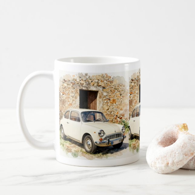 Mug Voiture Ancienne près d'un Bâtiment en Pierre (Avec donut)