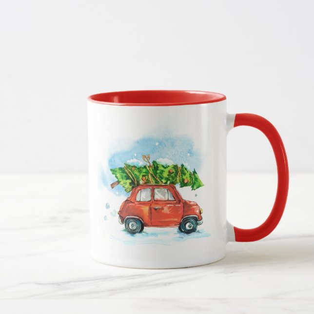 Mug Voiture aquarelle avec arbre de Noël en haut (Droite)
