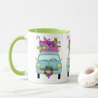 Mug Voiture bleue avec cadeaux de Noël