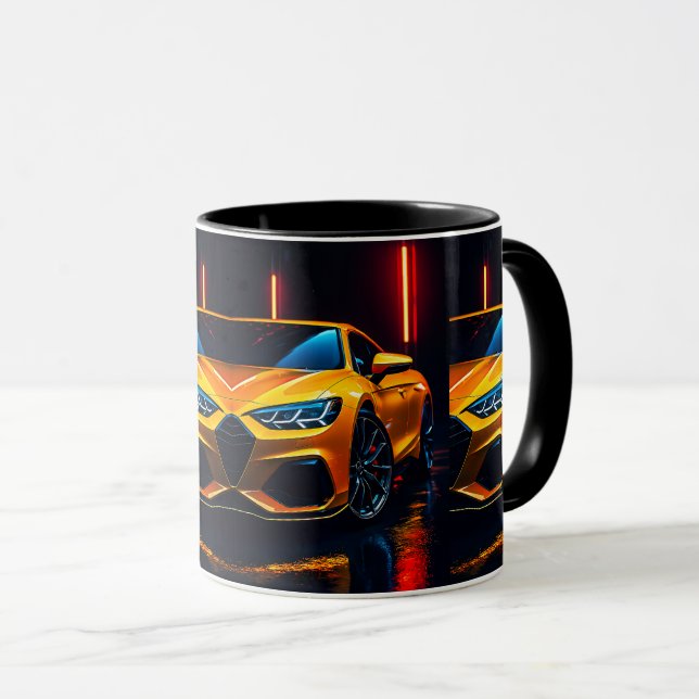 Mug Voiture de sport de luxe noire sur fond urbain de  (Devant droit)