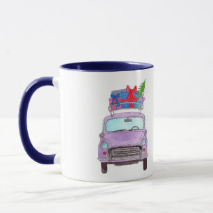 Mug Voiture pourpre avec cadeaux de Noël Aquarelle