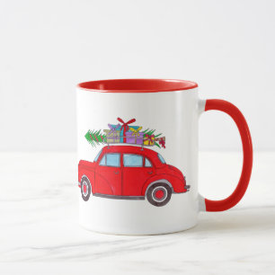Mug Voiture rouge avec arbre de Noël Aquarelle Café Mu