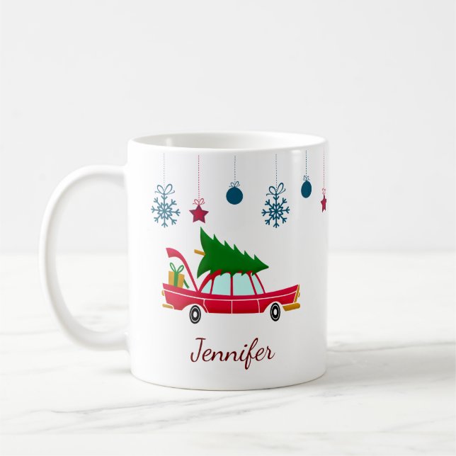 Mug Voiture rouge rétro portant un arbre de Noël (Gauche)