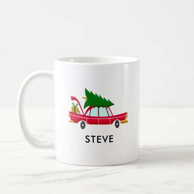 Mug Voiture rouge rétro portant un arbre de Noël (Gauche)