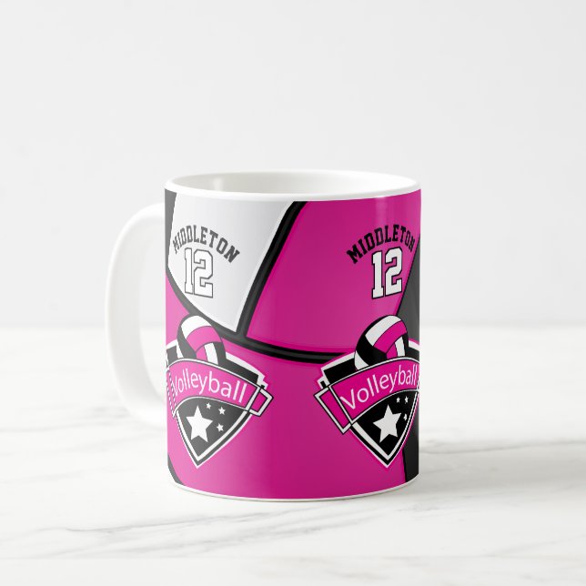 Mug Volley-ball rose chaud, blanc et noir (Devant gauche)