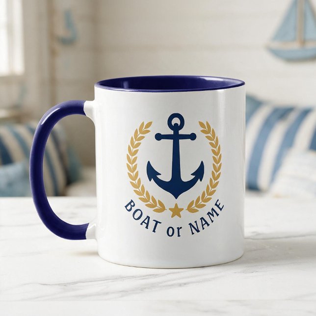 Mug Votre bateau ou nom Ancre Style Or Laurier Bleu (Créateur téléchargé)