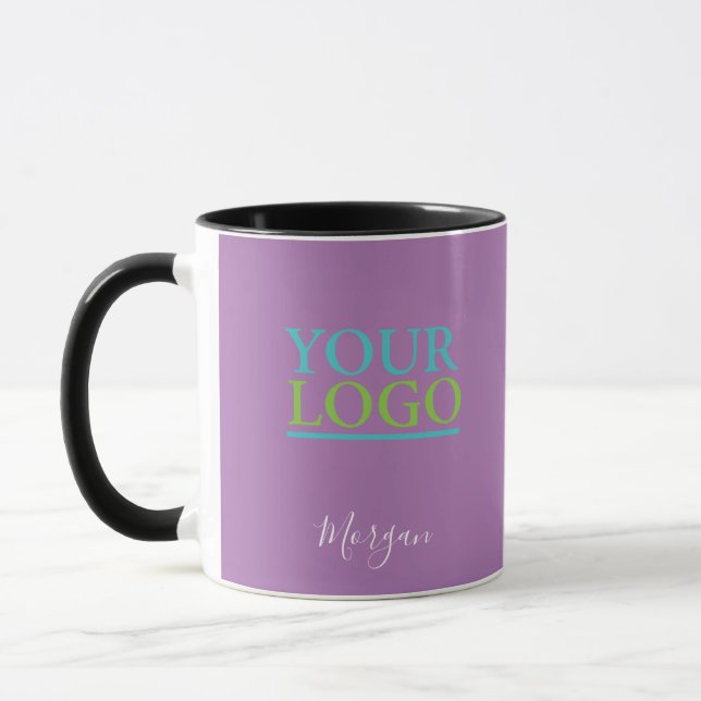 Mug Votre logo/art/photo, nom en script blanc, lavande (Gauche)