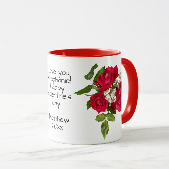 Mug Votre message : Bouquet Rose rouge Photo Valentine (Devant droit)