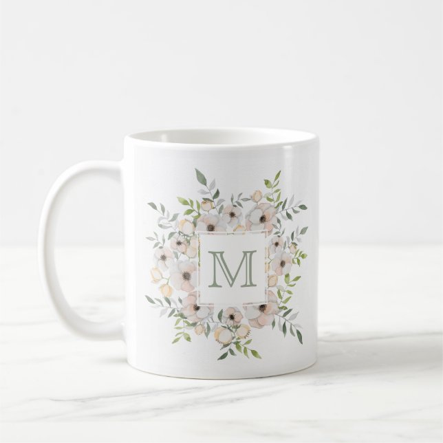Mug Votre monogramme dans un cadre de fleurs (Gauche)