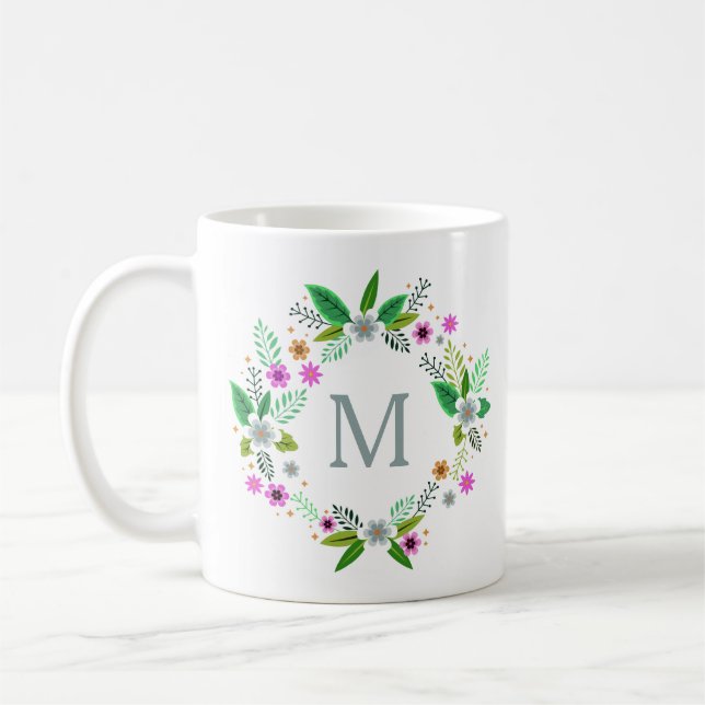 Mug Votre monogramme dans un cadre de fleurs (Gauche)