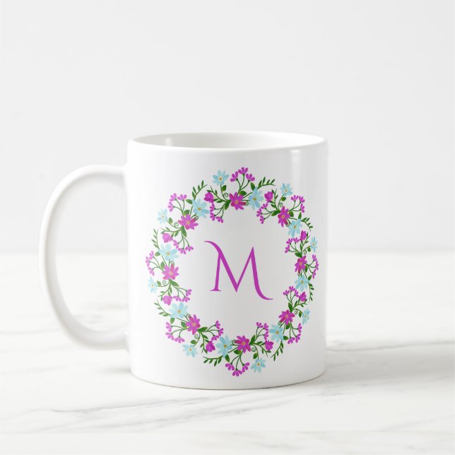 Mug Votre monogramme dans un cadre de fleurs (Gauche)